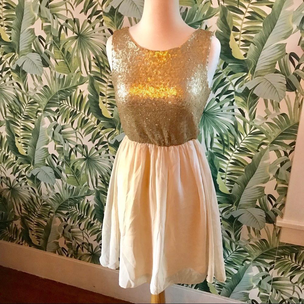 Gold sequin and creme chiffon party dress